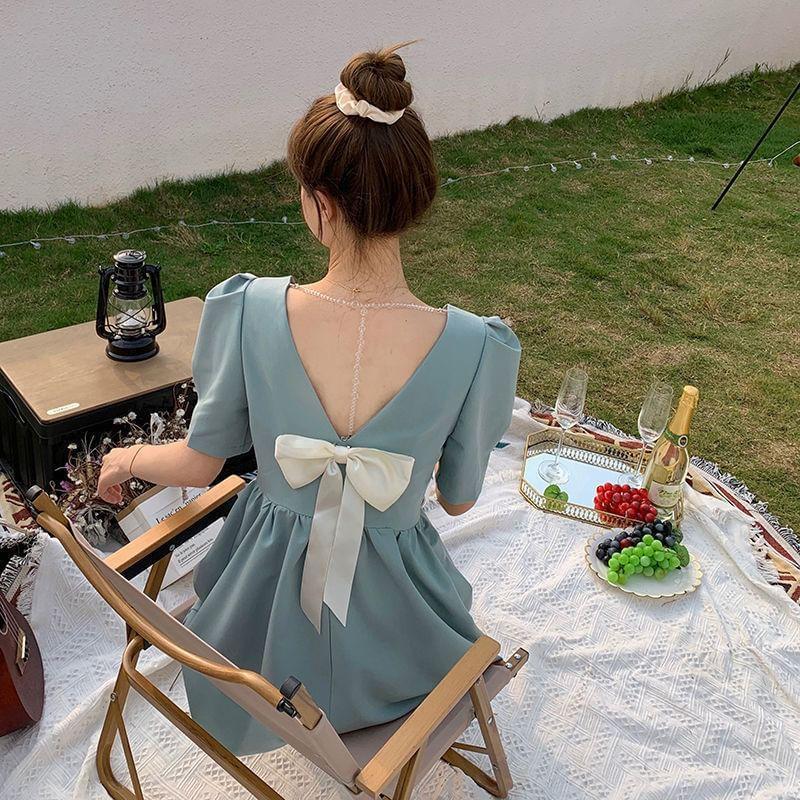 Short-Sleeve Plain Bow Back Mini A-Line Dress Product Image