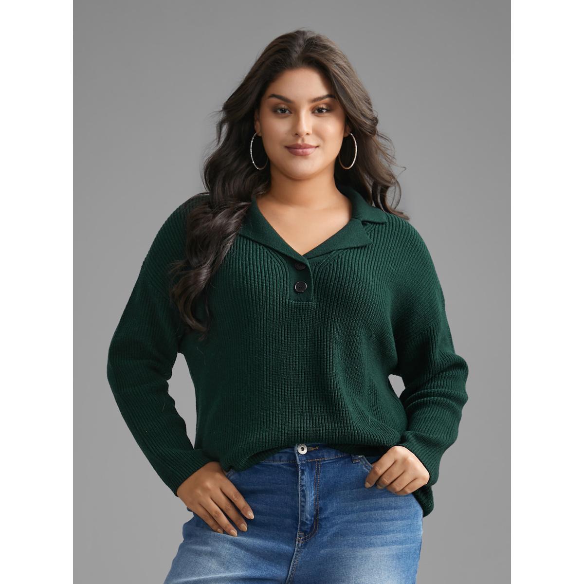 Plus Size Supersoft Essentials Textured Button Up Pullover DarkGreen Women Casual Loose Long Sleeve Suit Collar Everyday Pullovers BloomChic 30/6X Product Image