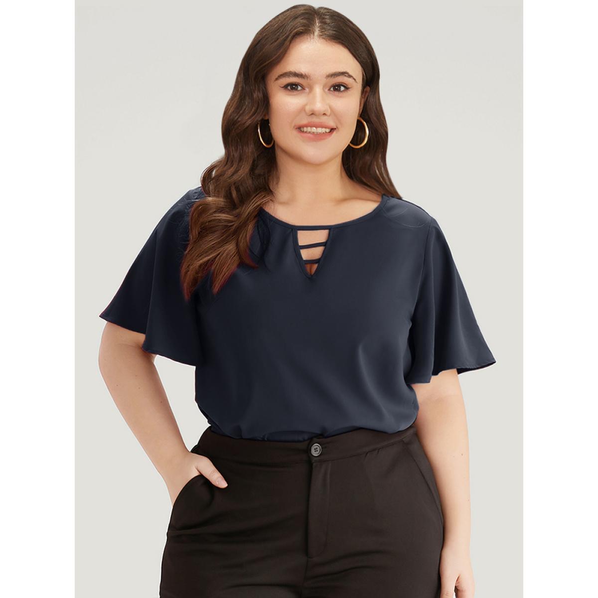 Plus Size Indigo Plain Ruffle Sleeve Cut Out Blouse Women Office Short sleeve Keyhole Cut-Out Work Blouses BloomChic 22-24/3X Product Image