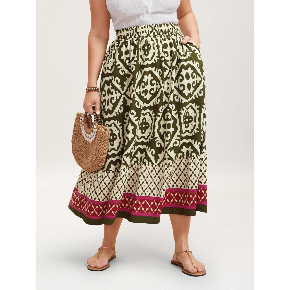 Plus Size Mixed Ornate Print Contrast Maxi Skirt Women Moss Resort Contrast Loose No stretch Slanted pocket Vacation Skirts BloomChic 26/4X Product Image