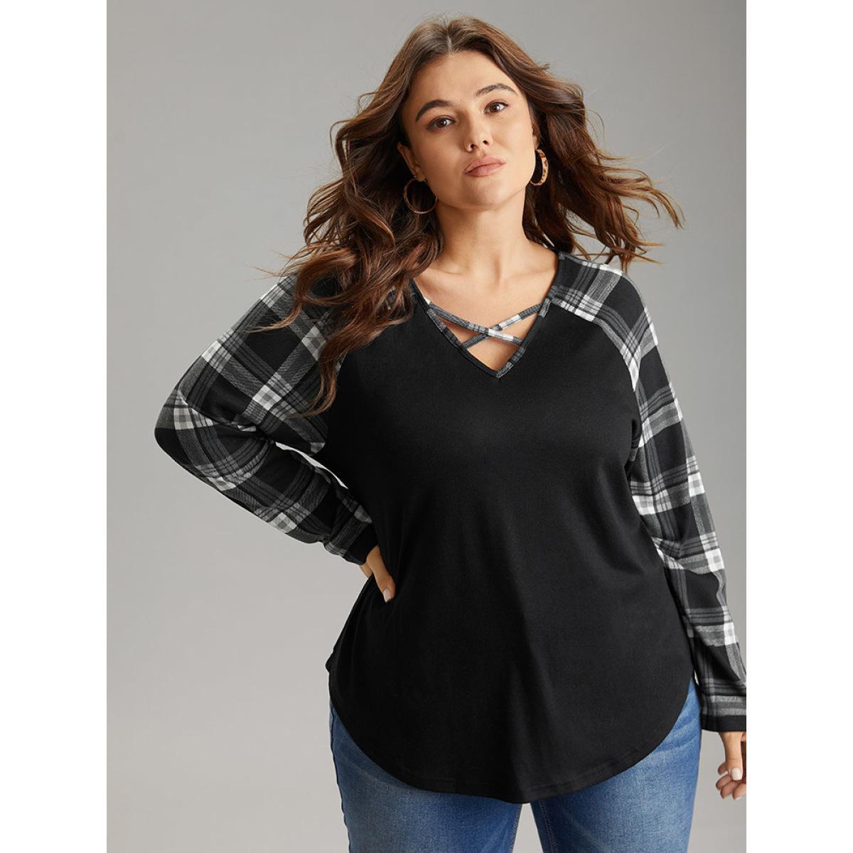 Plus Size Plaid Patchwork Raglan Sleeve Crisscross T-shirt Black Women Casual Patchwork Plaid V-neck Dailywear T-shirts BloomChic 14-16/1X Product Image