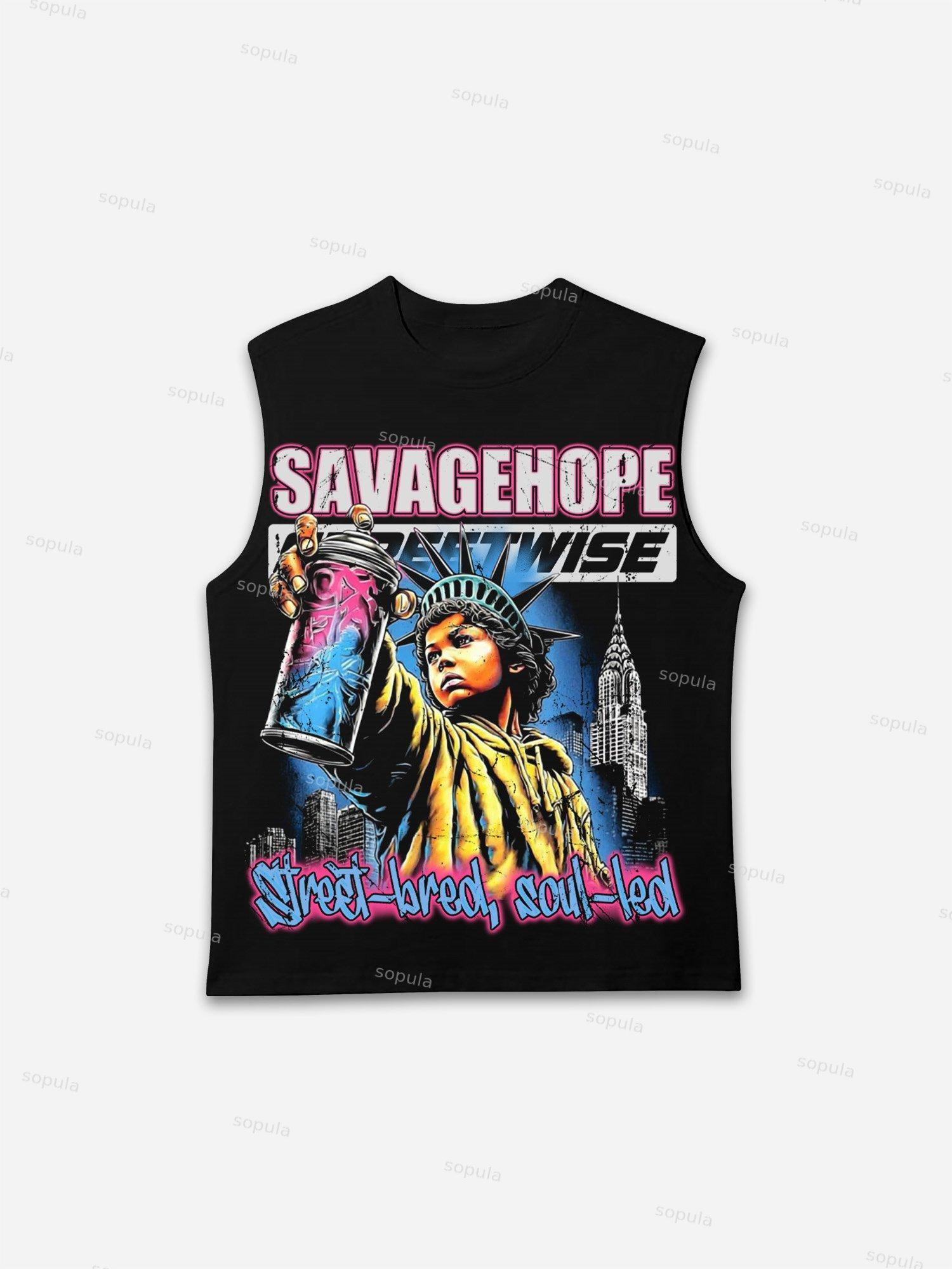 Sopula Savage Hope Street Graffiti Statue Of Liberty Black Vintage Aged Graphic Tank Top Product Image