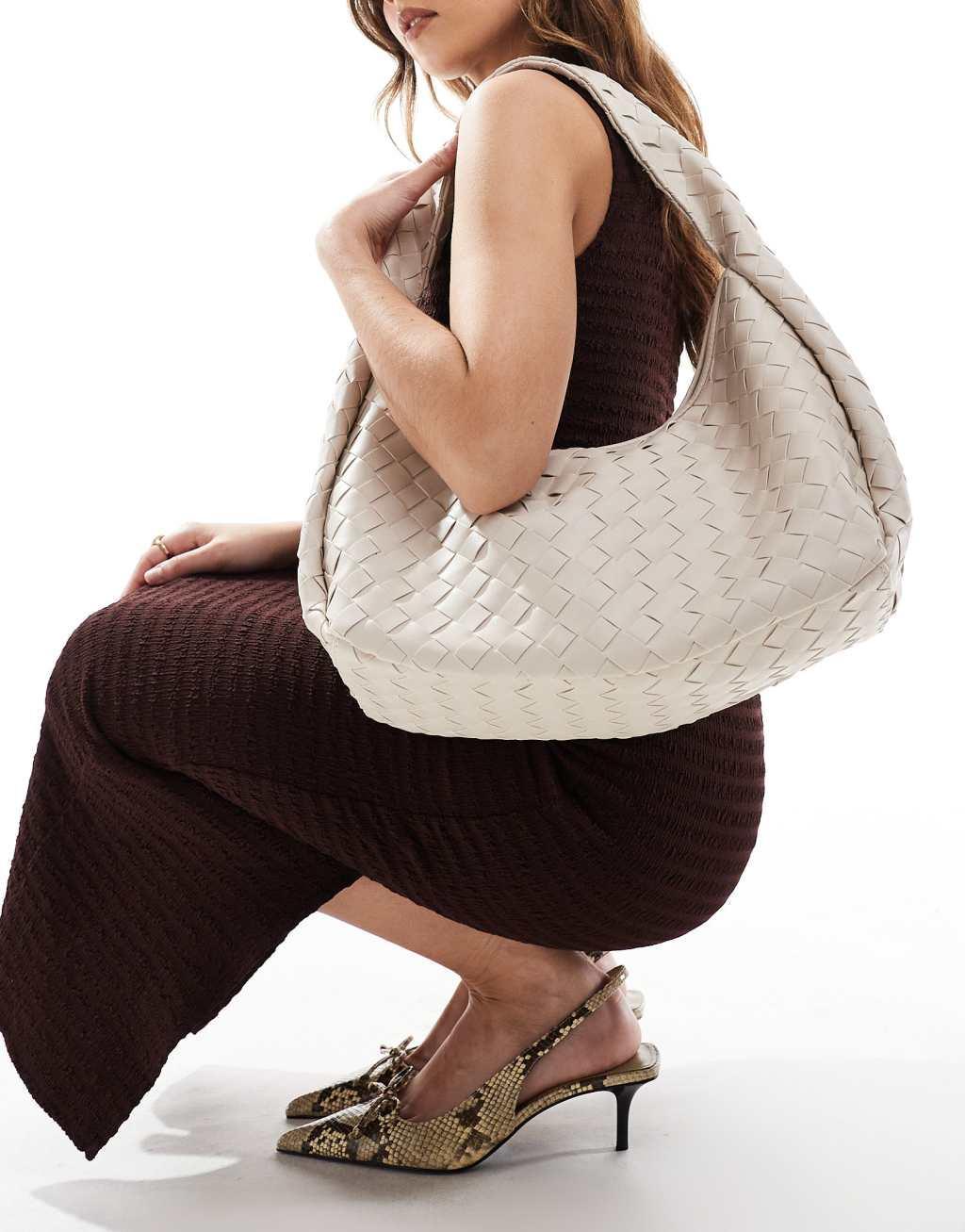 Glamorous oversized woven shoulder bag in off white  Product Image