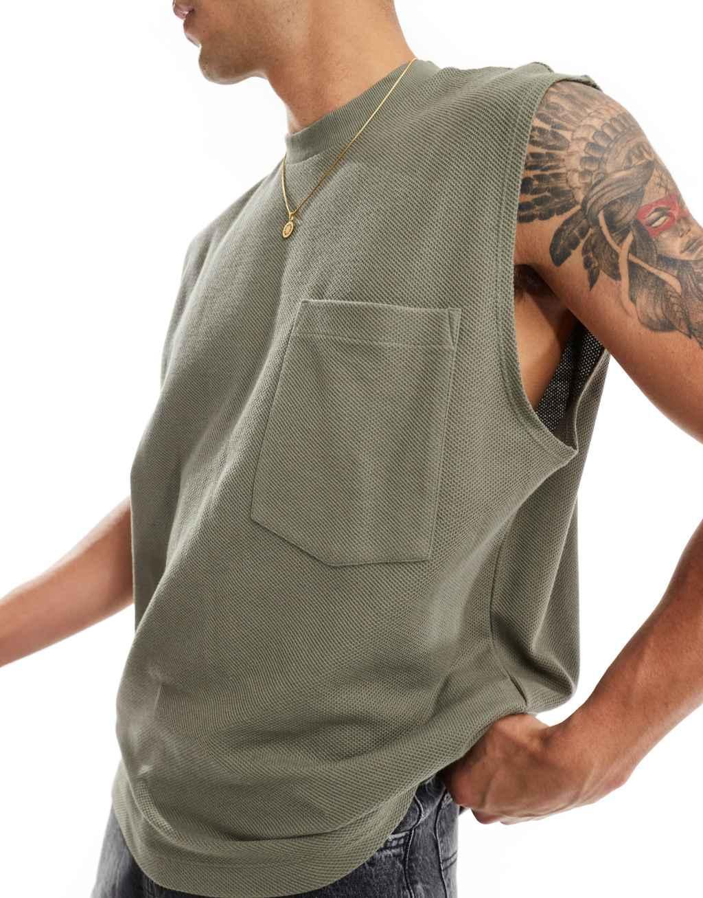ASOS DESIGN oversized tank with front pocket in khaki Product Image