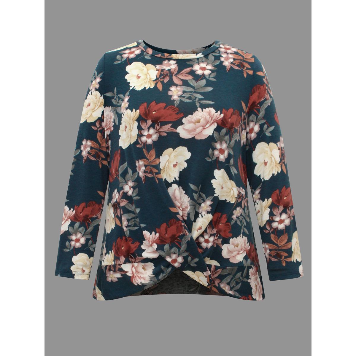 Plus Size Floral Crew Neck Twist Front T-shirt Multicolor Women Elegant Twist Natural Flowers Round Neck Everyday T-shirts BloomChic 30/6X Product Image