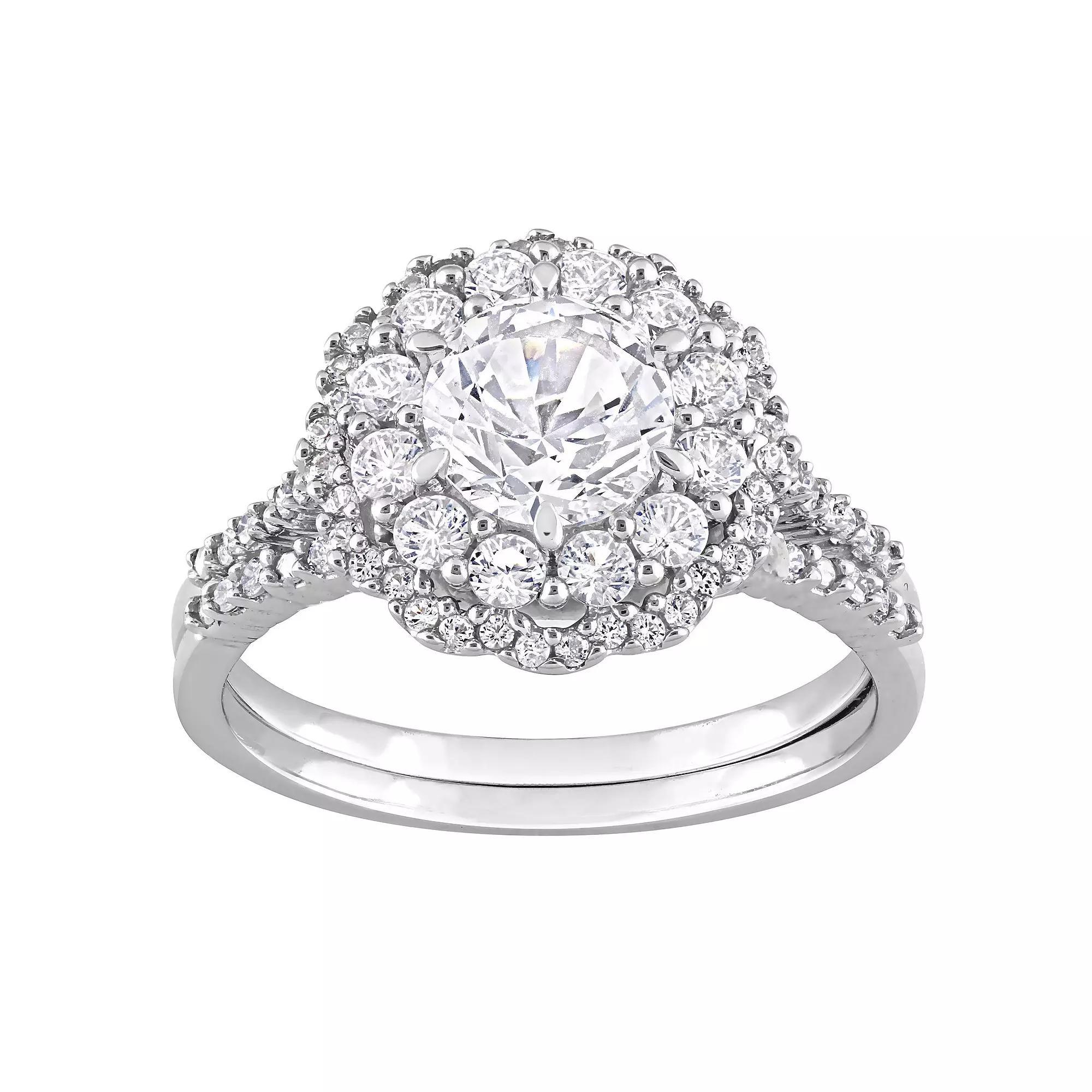 Stella Grace 10K White Gold Lab Created White Sapphire and 1/10 carat T.W. Diamond Halo Bridal Ring Set, Women's, Size: 5 Product Image