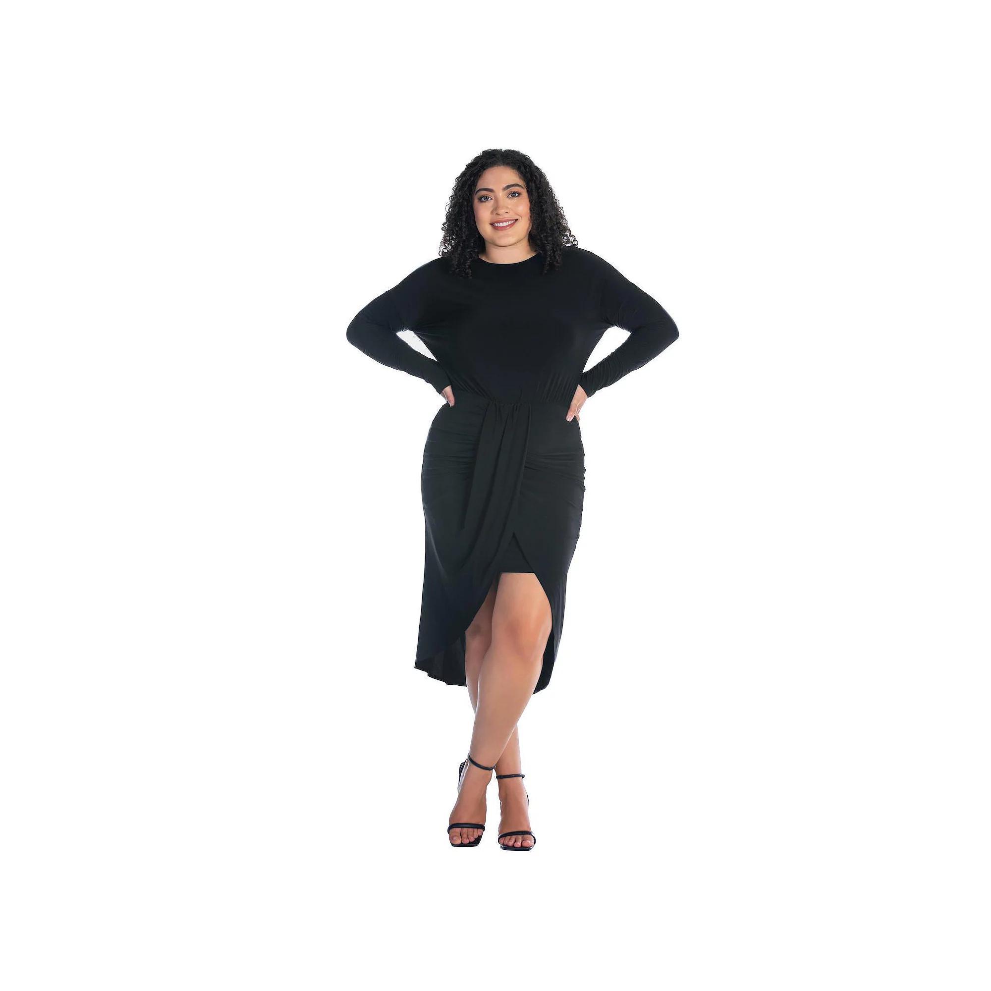 Plus Size 24Seven Comfort Apparel Long Sleeve Tulip Skirt Knee Length Dress, Women's, Size: 3XL, Avocado Product Image