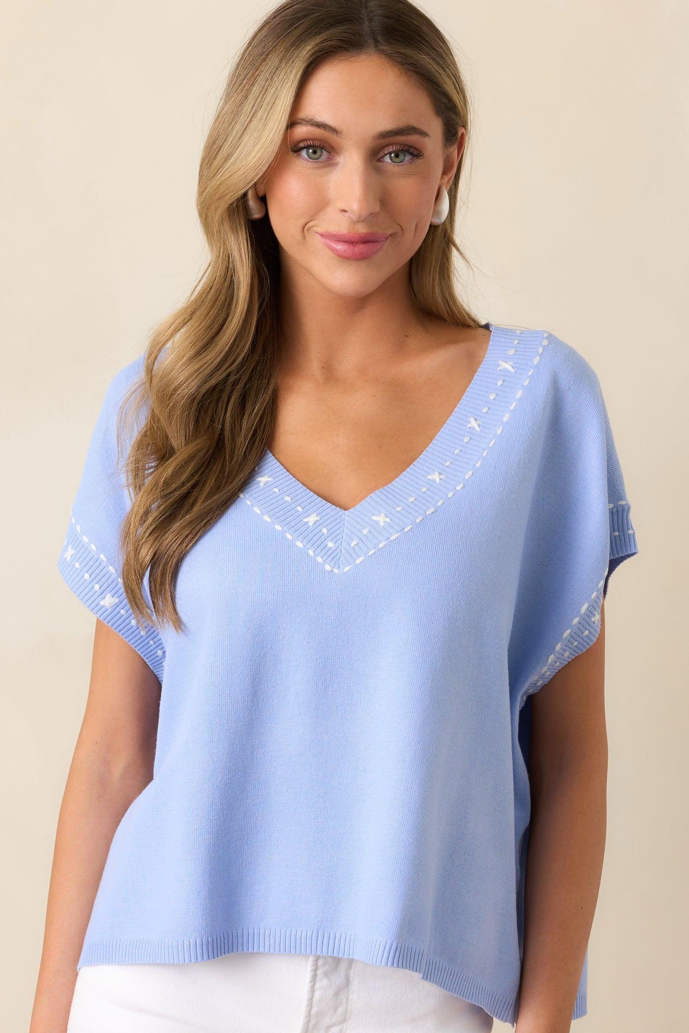 Horizons Ahead Blue V-Neckline Knit Top Product Image