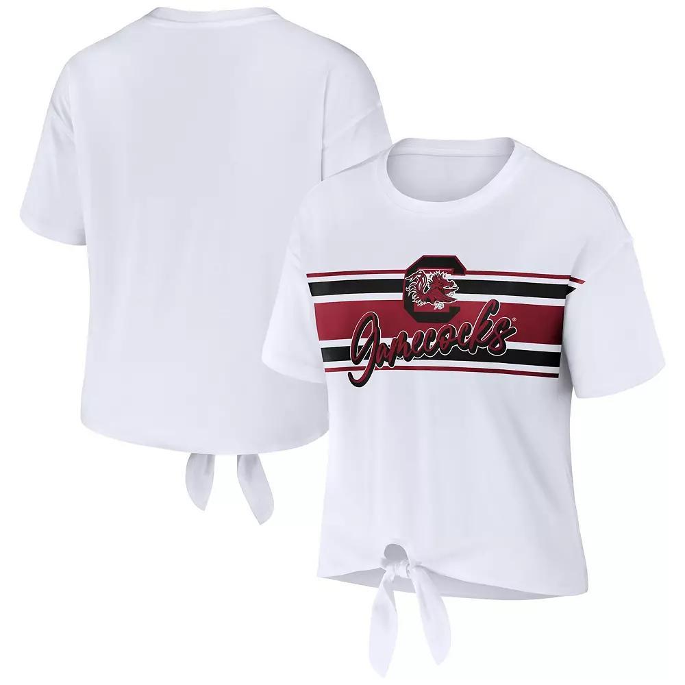 Women's WEAR by Erin Andrews White Clemson Tigers Striped Front Knot Cropped T-Shirt, Size: Medium Product Image