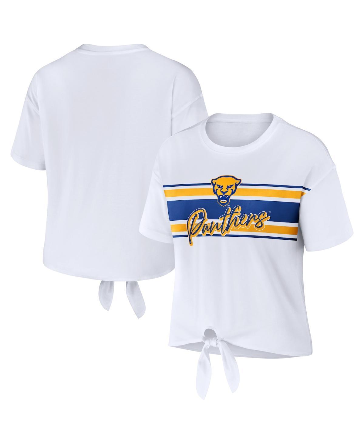 Women's WEAR by Erin Andrews White Pitt Panthers Striped Front Knot Cropped T-Shirt, Size: 2XL Product Image