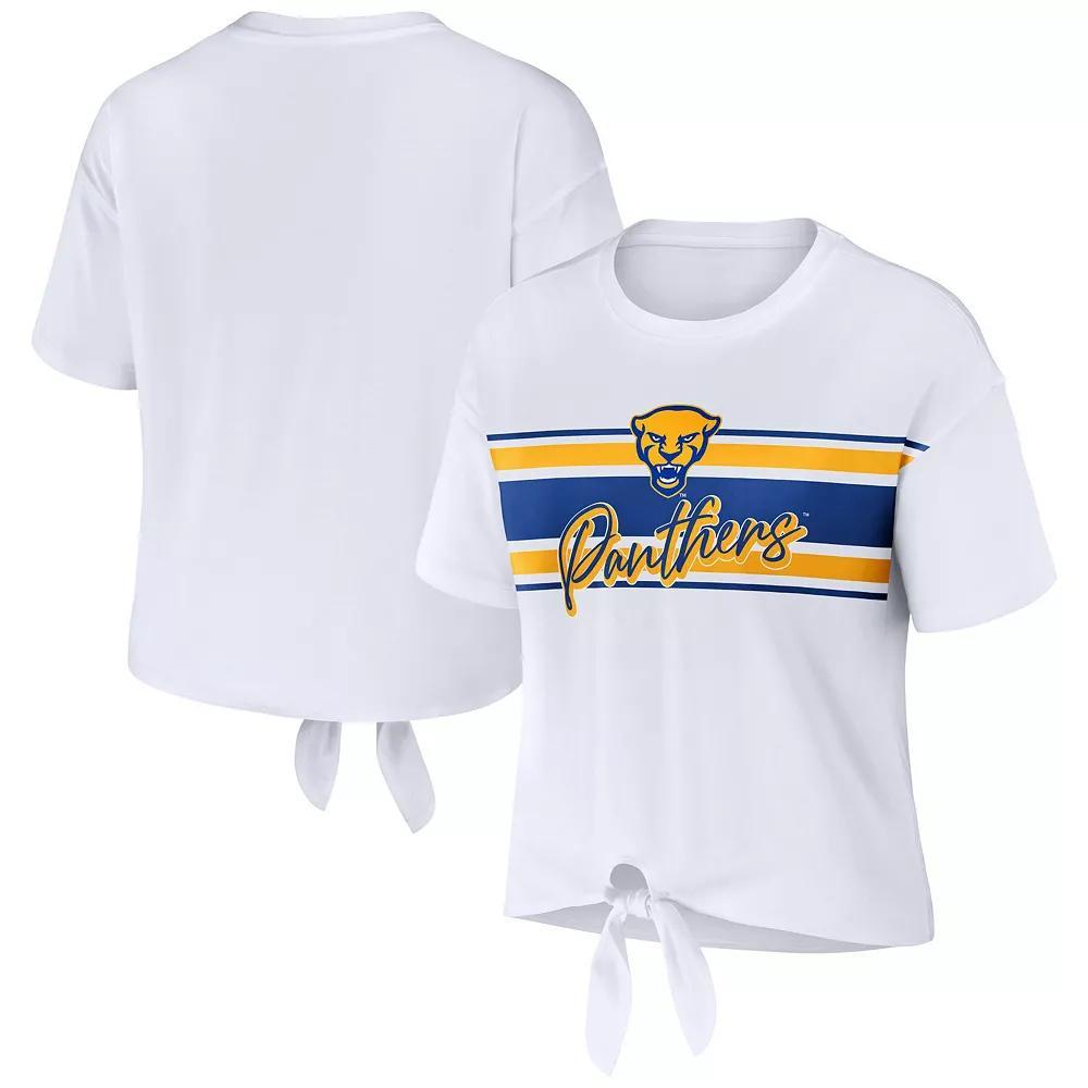 Women's WEAR by Erin Andrews White Pitt Panthers Striped Front Knot Cropped T-Shirt, Size: 2XL Product Image
