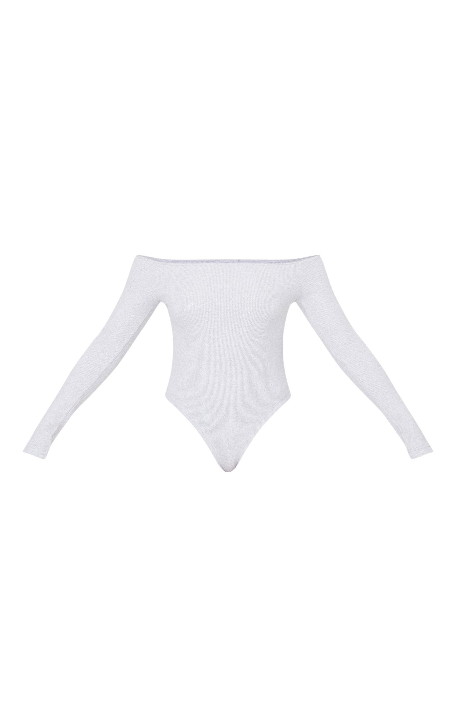 Grey Marl Brushed Rib Bardot Long Sleeve Bodysuit Product Image