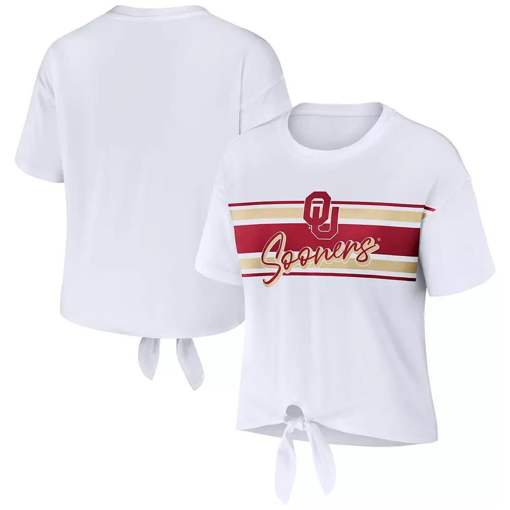Women's WEAR by Erin Andrews White Oklahoma Sooners Striped Front Knot Cropped T-Shirt, Size: Large Product Image