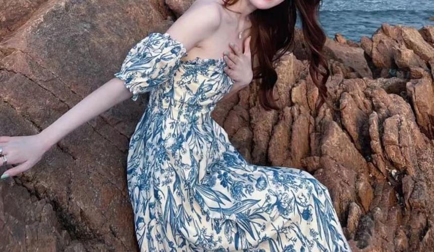 Short-Sleeve Off-Shoulder Floral Print Midi A-Line Dress Product Image