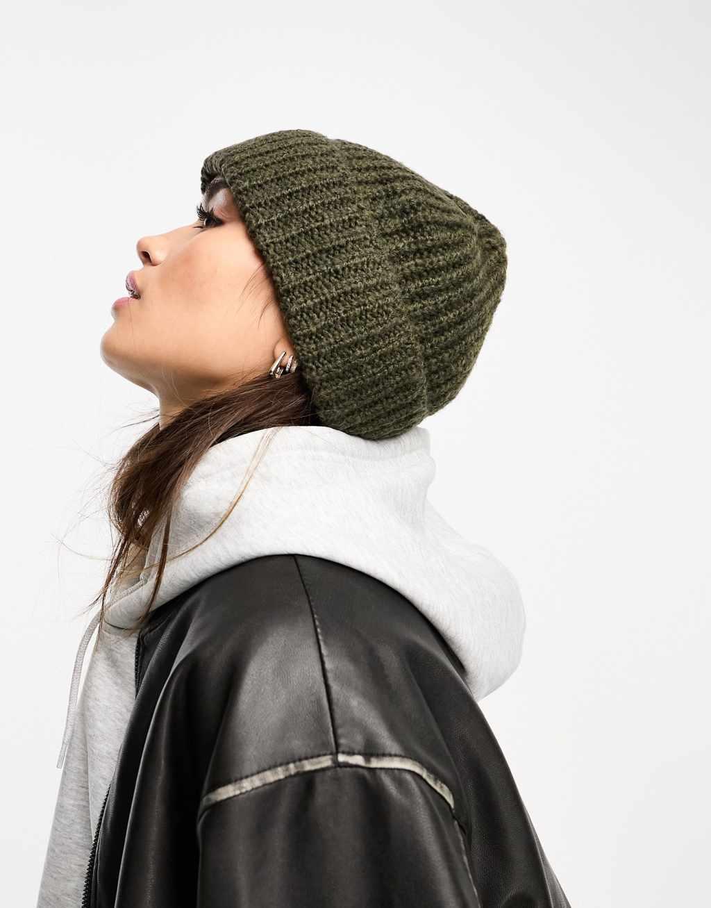 ASOS DESIGN chunky knit beanie in dark green Product Image