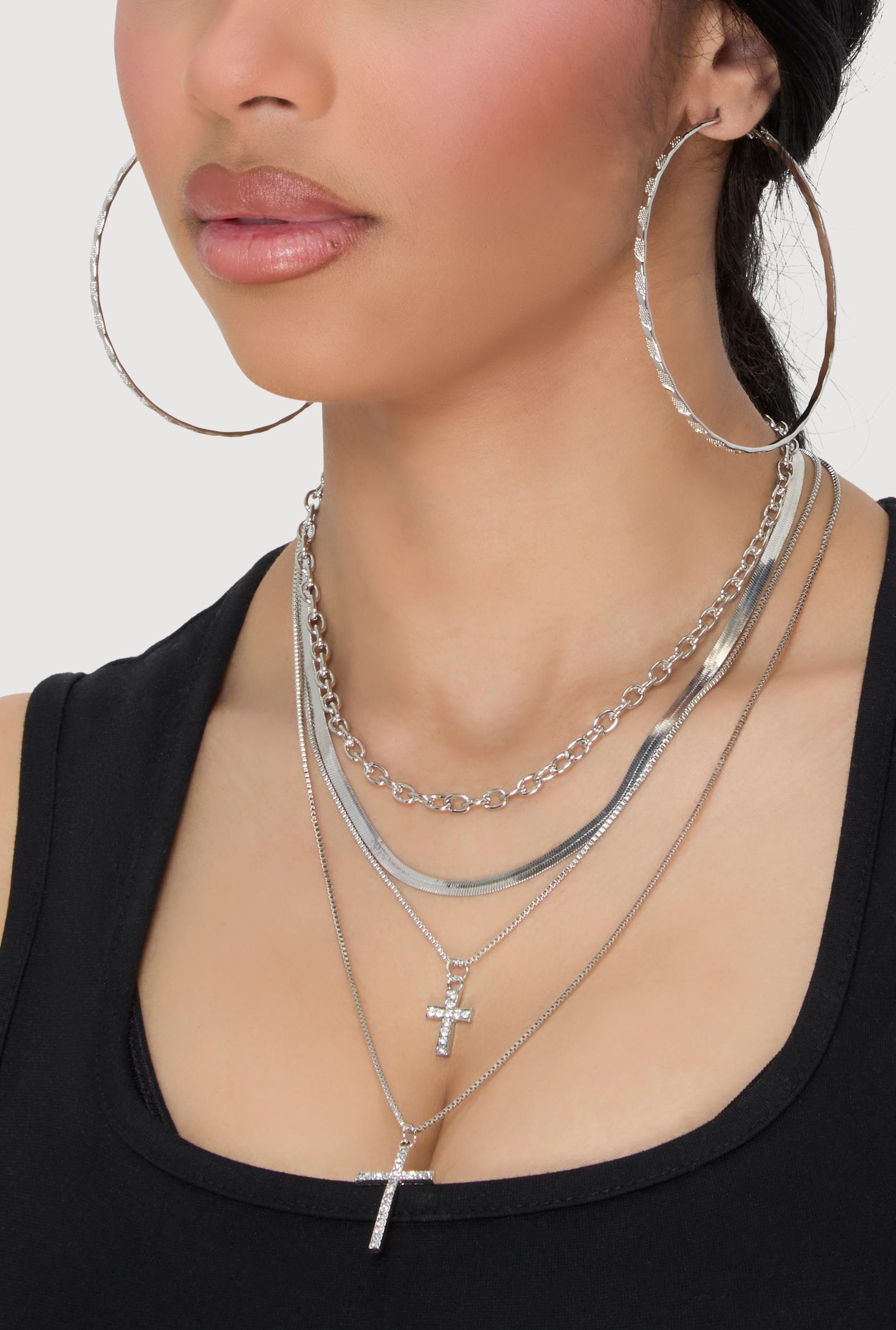 Cross Layered Necklace with Hoop Earring Trio Female Product Image