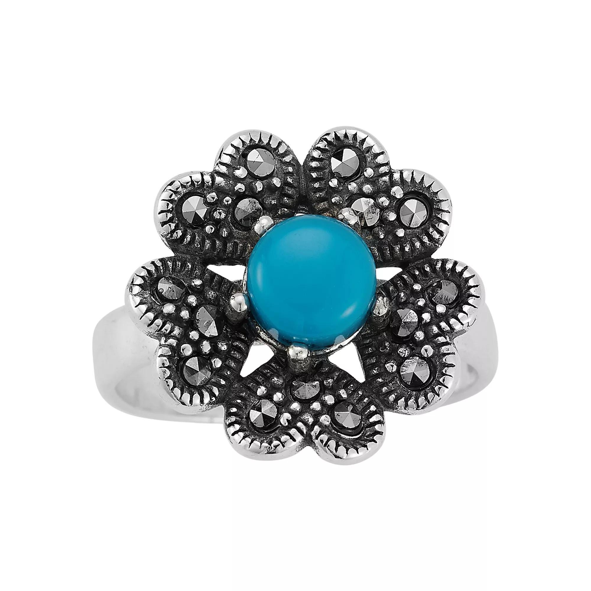 Sunkissed Sterling Sterling Silver Oxidized Turquoise & Cubic Zirconia Flower Ring, Women's, Size: 8, Silver Tone Product Image
