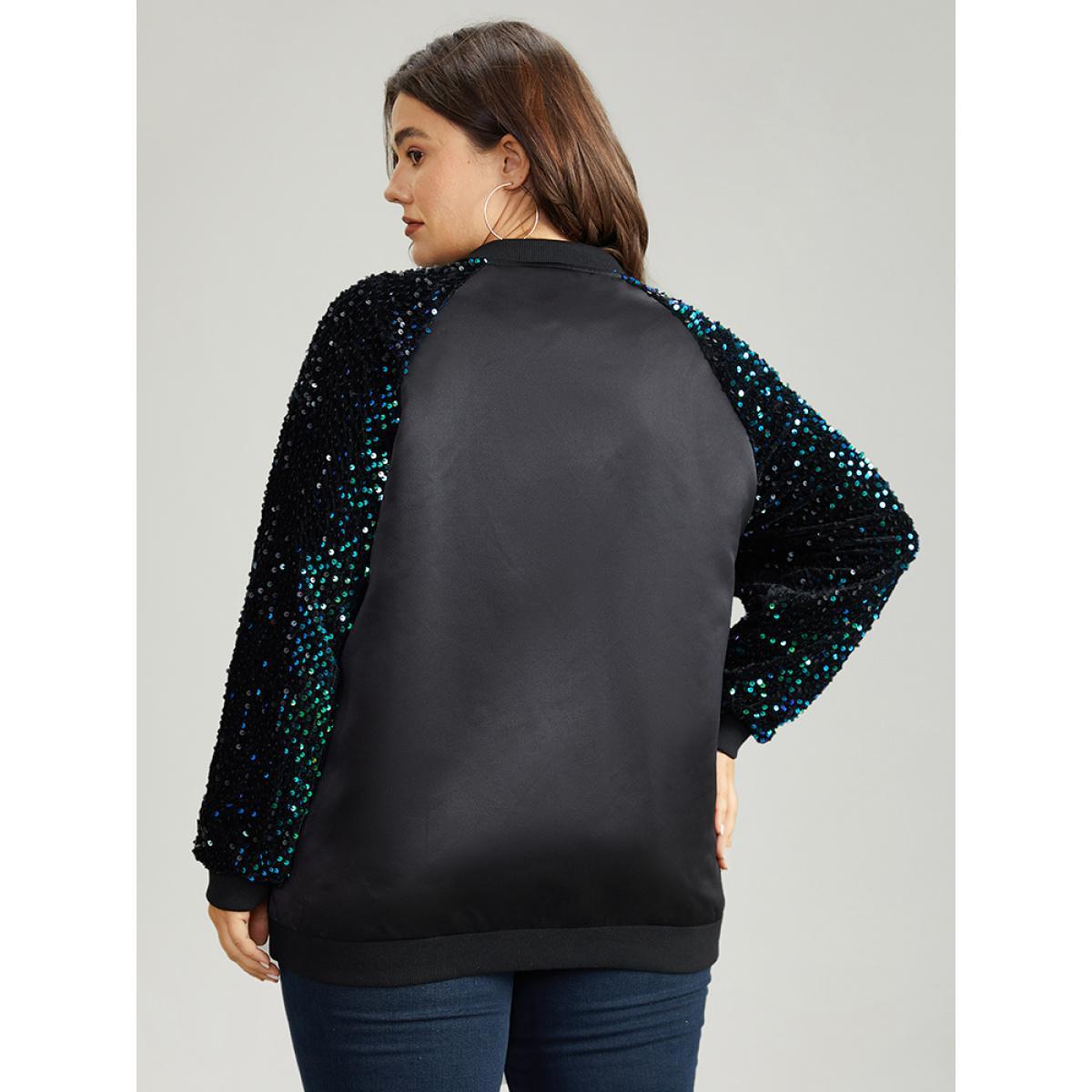 Plus Size Sequin Detail Patchwork Pocket Jacket Women Black Elastic cuffs Pocket Dailywear Jackets BloomChic 18-20/2X Product Image
