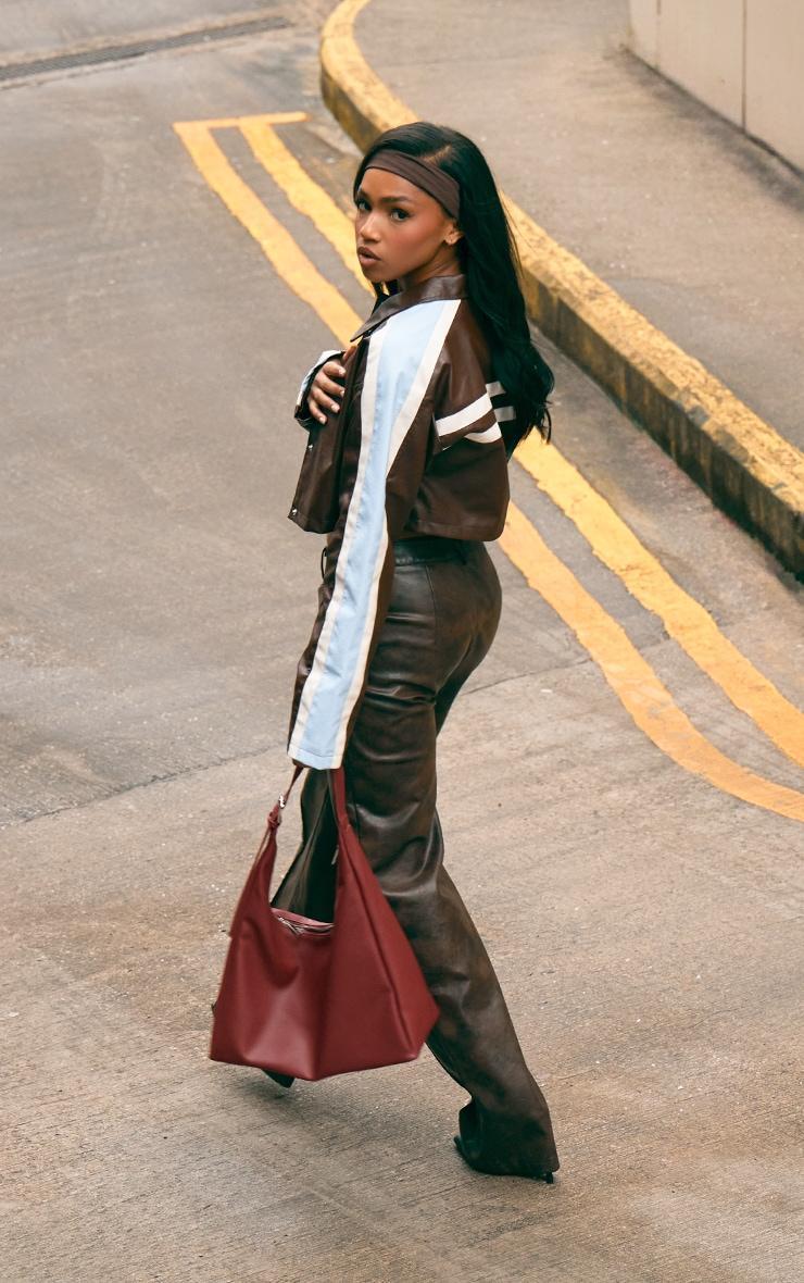 Brown Faux Leather Contrast Stripe Cropped Jacket Product Image