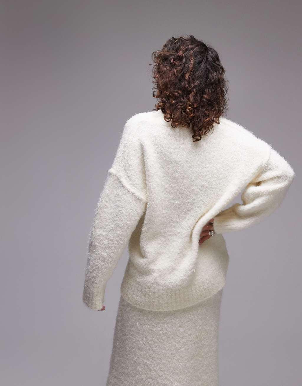 Topshop knit V-neck fluffy oversized sweater in cream - part of a set Product Image