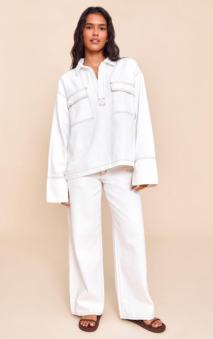 White Pocket Detail Oversized Denim Shirt Product Image