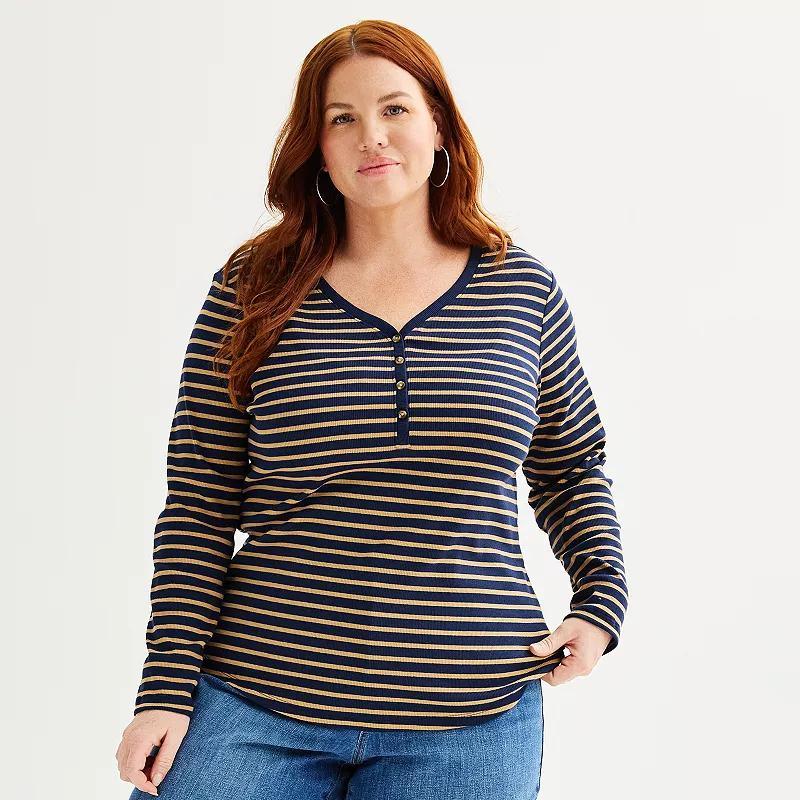 Plus Size Sonoma Goods For Life® Ribbed Long Sleeve Henley, Women's, Size: 1XL, White Blue Stripe Product Image
