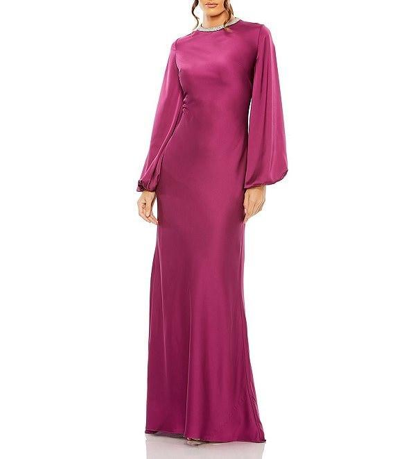 Mac Duggal Long Bishop Sleeve Beaded Crew Neck Satin Gown Product Image
