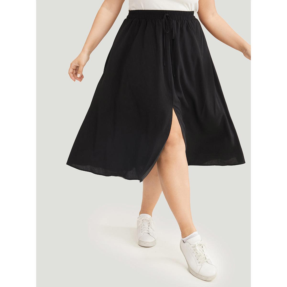 Plus Size Solid Pocket Knot Elastic Waist Split Hem Skirt Women Black Casual Knotted Loose No stretch Pocket Dailywear Skirts BloomChic 18-20/2X Product Image