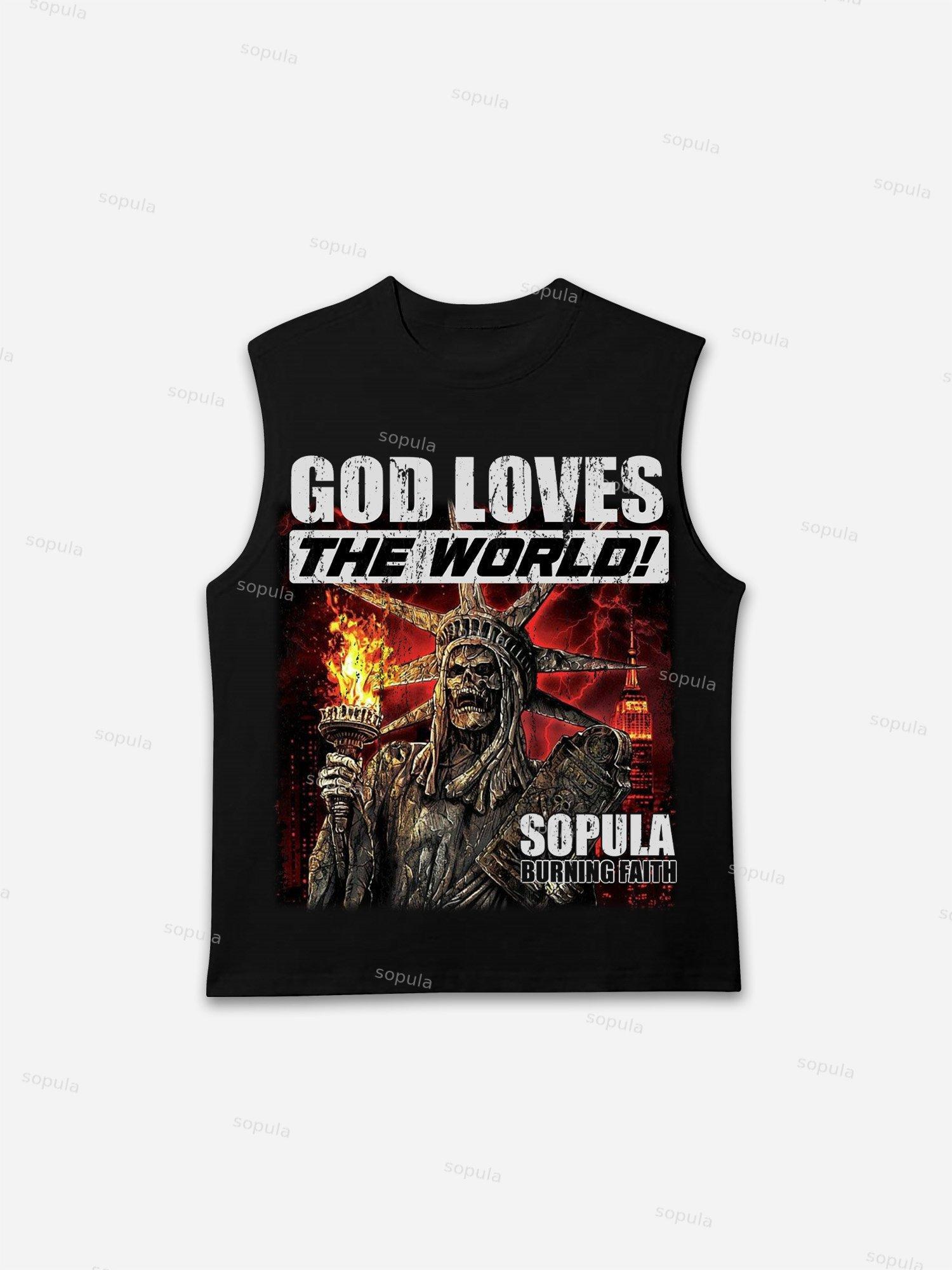 God Loves The World Burning Skull Statue Of Liberty Vintage Graphic Tank Top Product Image