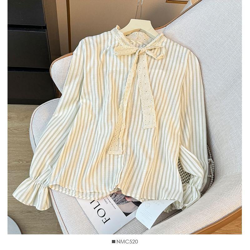 Lace-Neckline Striped Loose Shirt Product Image
