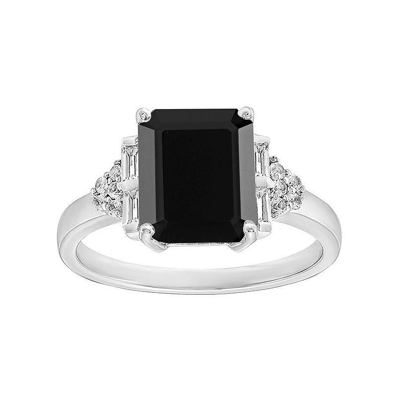 Gemminded Sterling Silver Baguette Cut Onyx & White Topaz Ring, Women's, Size: 8 Product Image