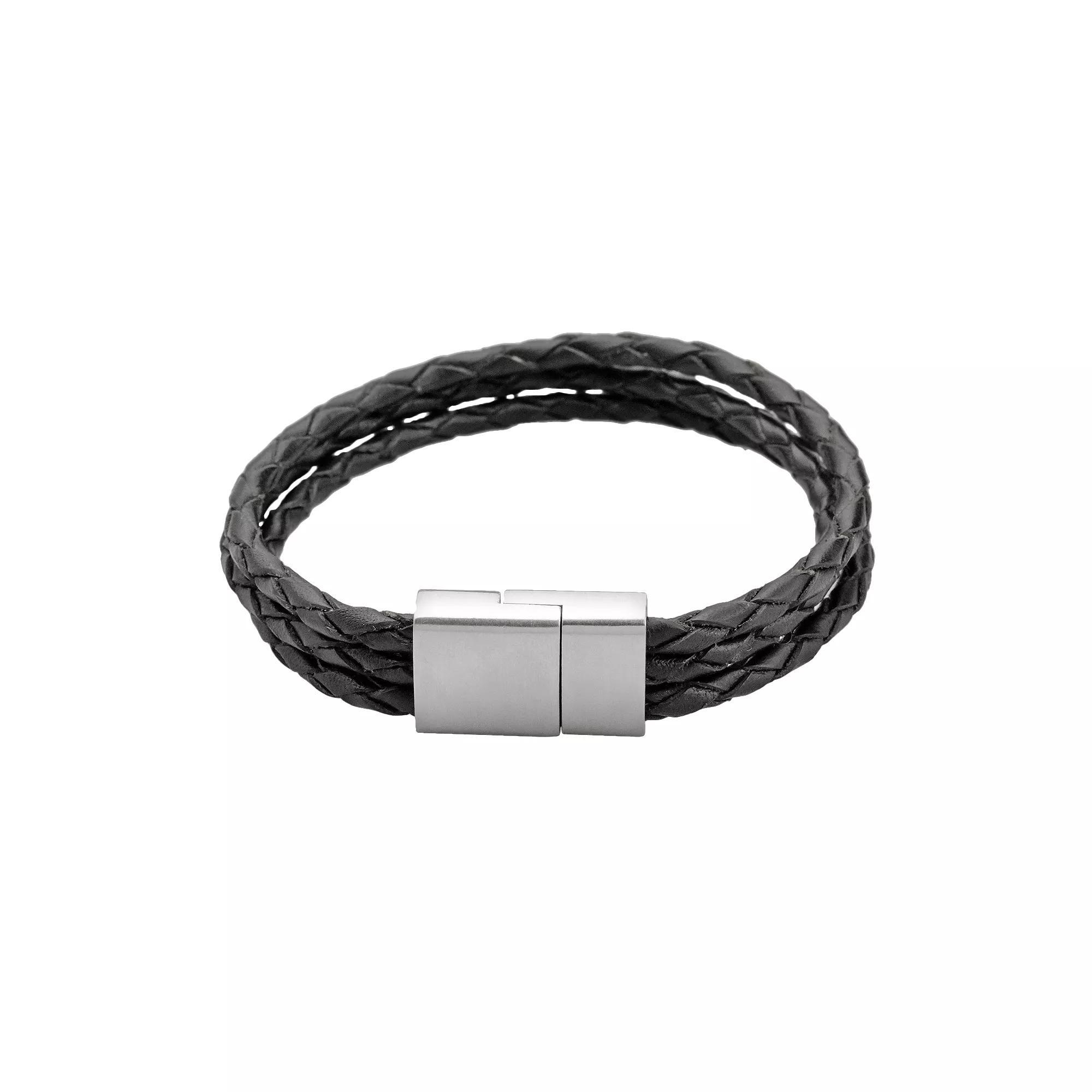 LYNX Stainless Steel & Brown Leather Rope Bracelet - Men, Men's, Size: 8.5" Product Image