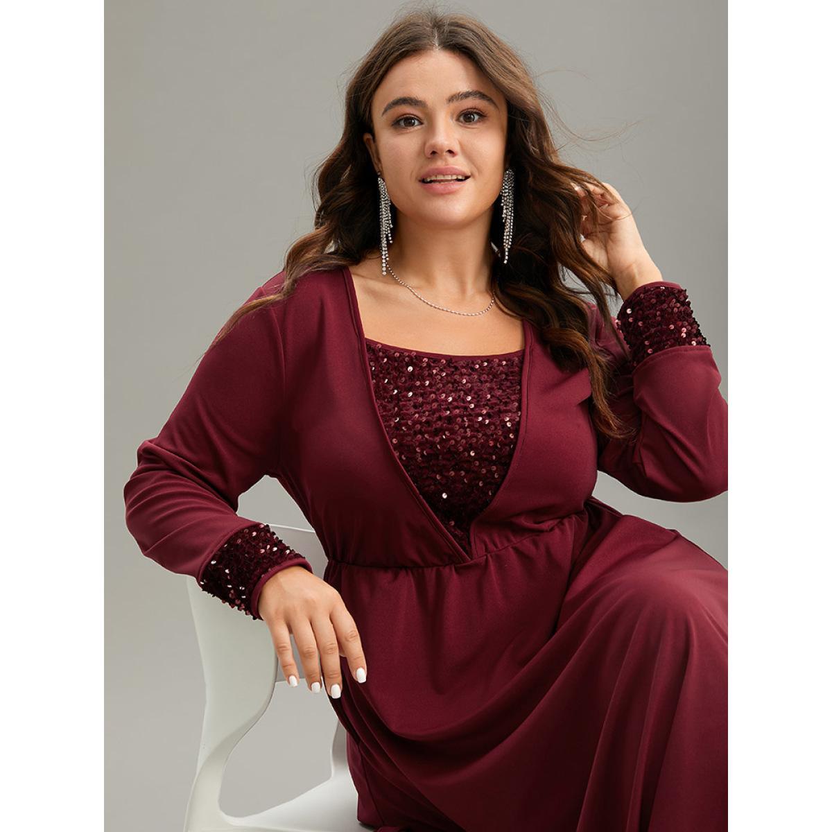 Plus Size Plain Sequin Patchwork Elastic Waist Dress Scarlet Women Glamour Sequin Square Neck Long Sleeve Curvy Midi Dress BloomChic 14-16/1X Product Image