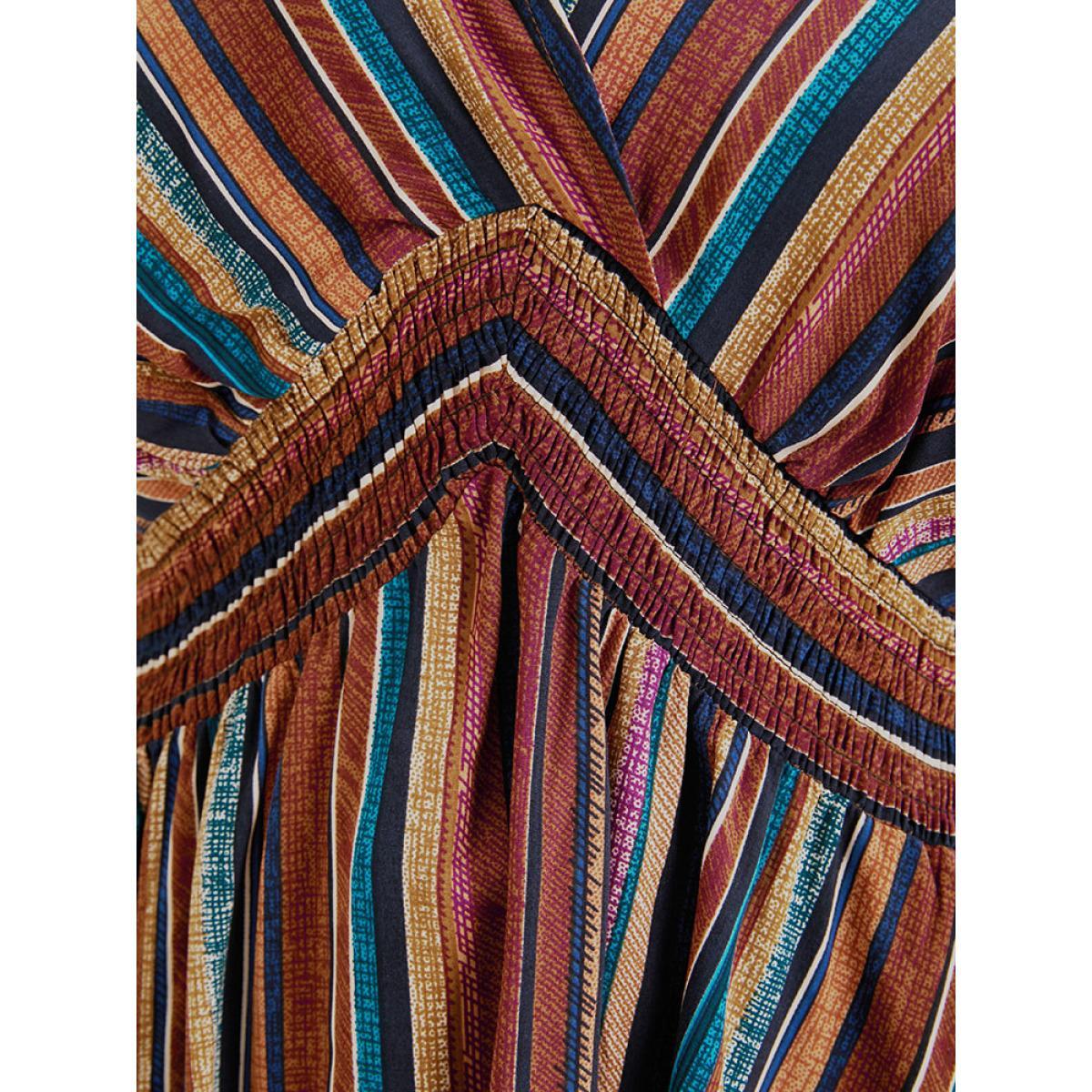 Plus Size DarkBrown Striped Contrast Shirred Wrap High Low Hem Pocket Blouse Women Vacation Short sleeve V-neck Vacation Blouses BloomChic 12/L Product Image