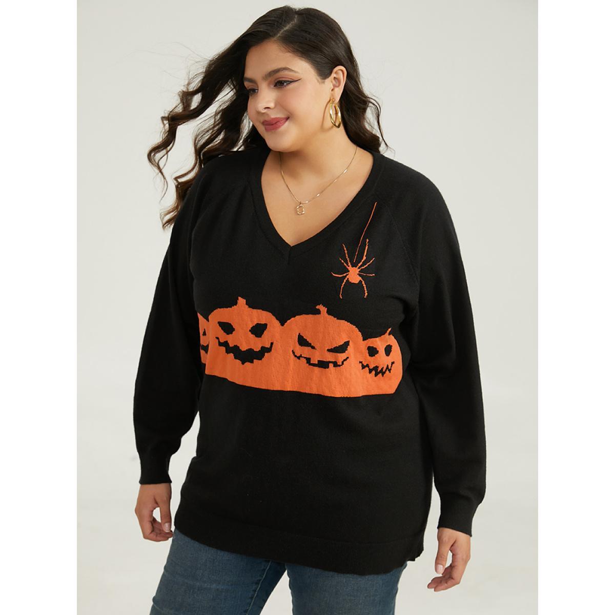 Plus Size Halloween Graphic Pumpkin V Neck Pullover Black Women Casual Loose Long Sleeve V-neck Dailywear Pullovers BloomChic 22-24/3X Product Image