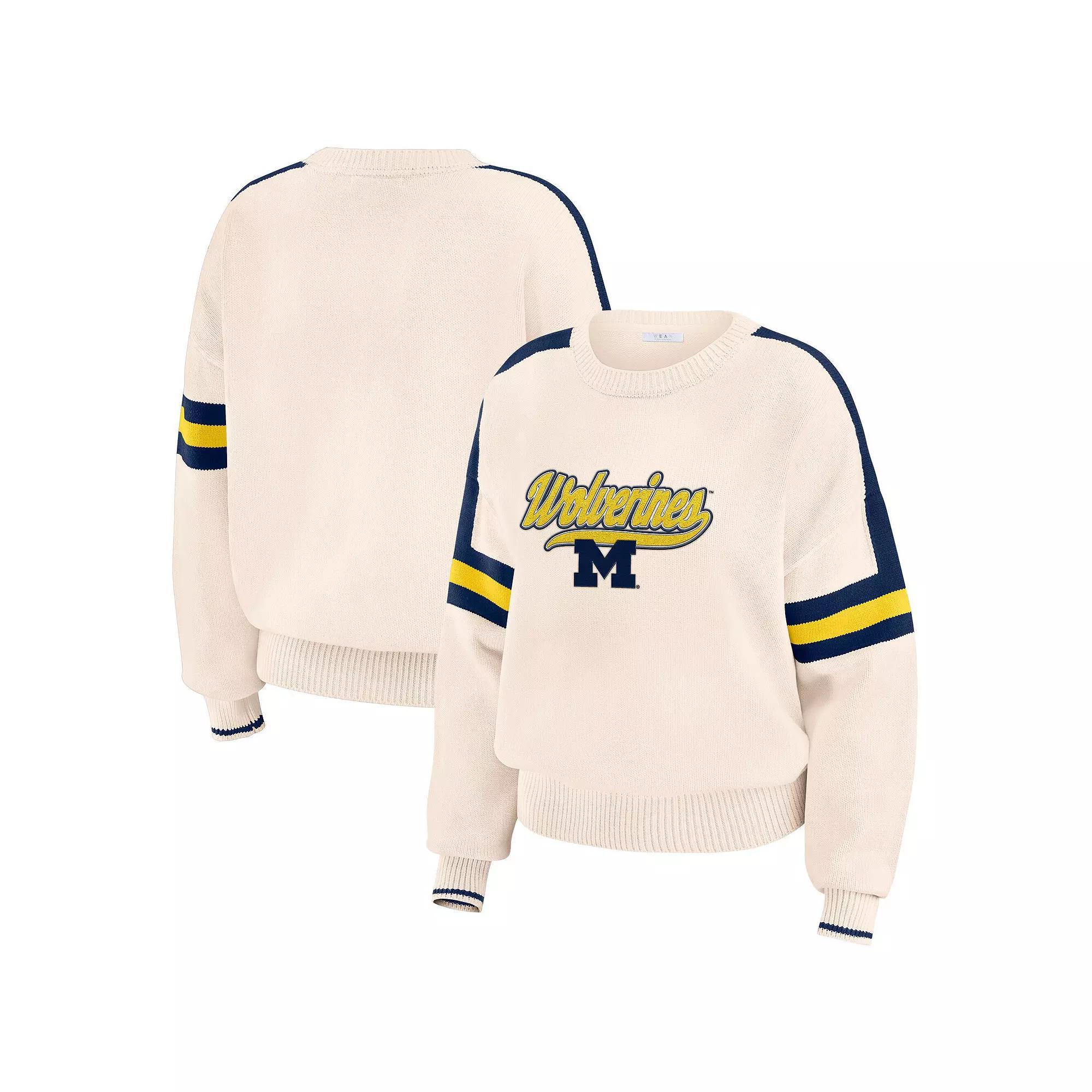 Women's WEAR by Erin Andrews  Cream Michigan Wolverines Chenille Woven Patch Stripe Pullover Sweater, Size: XXL, Beige Product Image