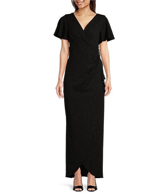 Ignite Evenings Short Flutter Sleeve V-Neck Glitter Knit Empire Embellished Waist Faux Wrap Maxi Dress Product Image