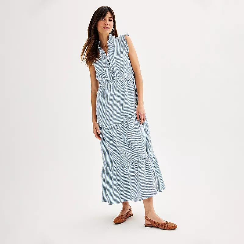 Women's London Times Smocked Waist Tiered Maxi Dress, Size: 18, Blue Stripe Product Image