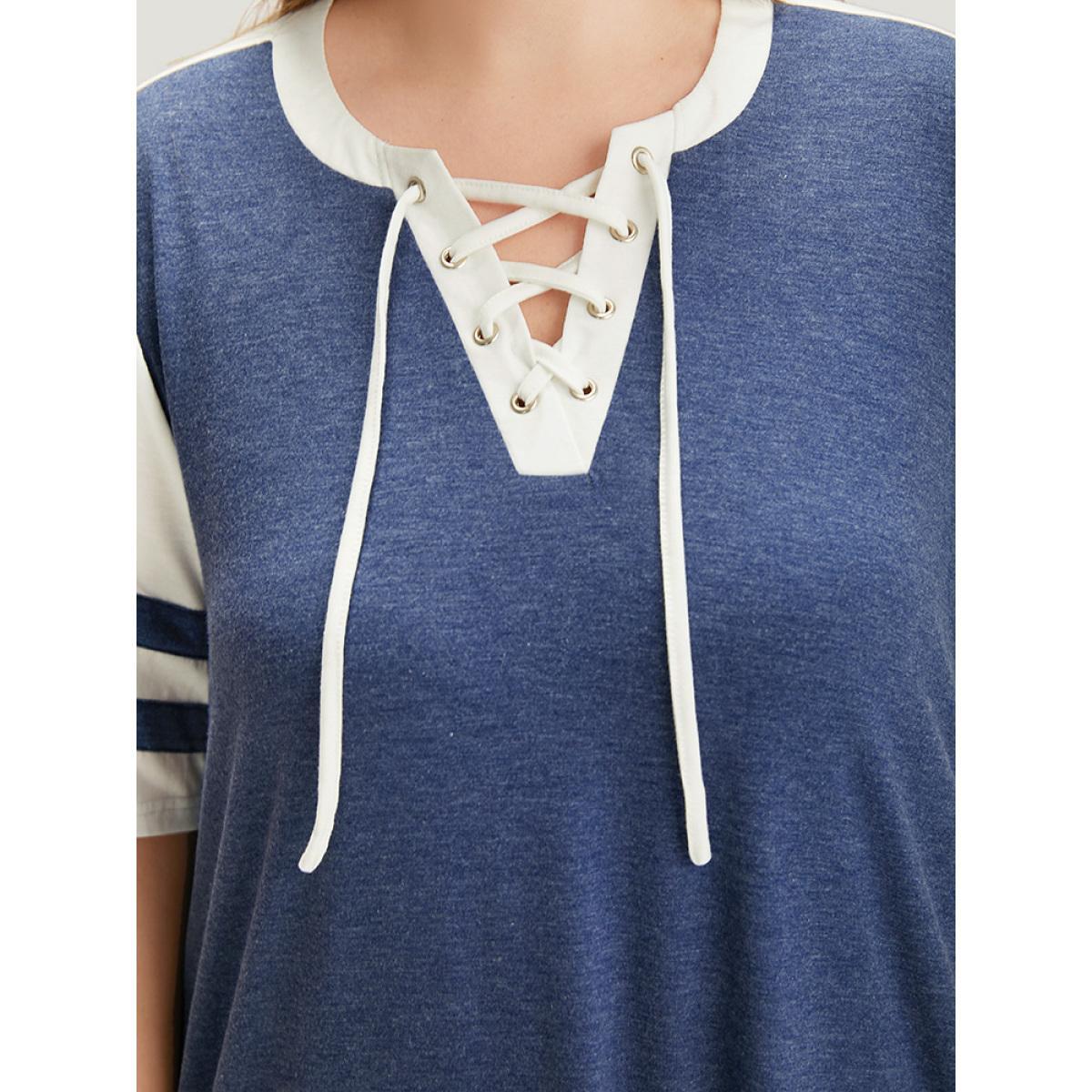Plus Size Supersoft Essentials Striped Pocket Patchwork Lace Up Dress Indigo Women Casual Cross straps V-neck Short sleeve Curvy Knee Dress BloomChic 12/L Product Image