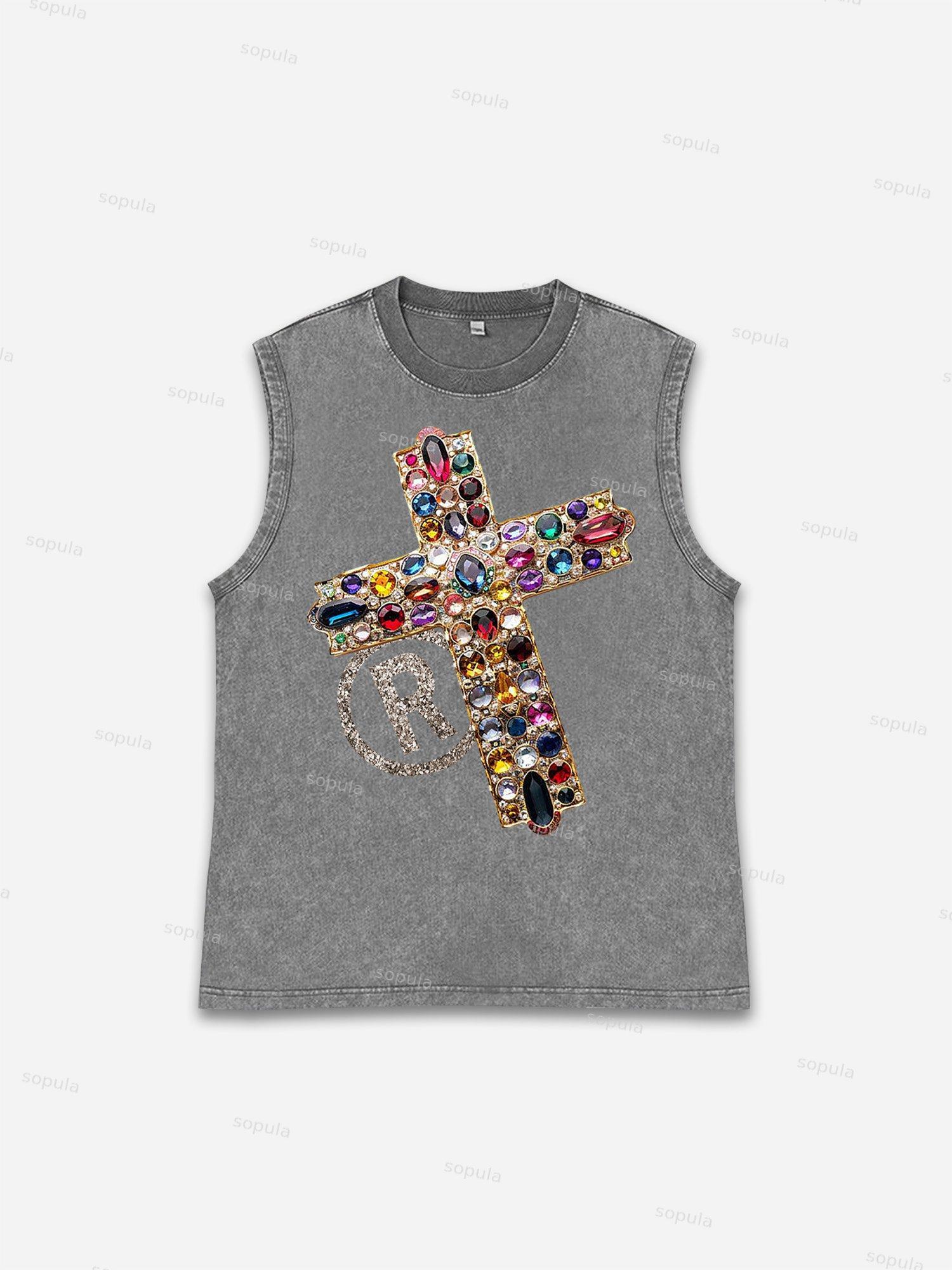 Sopula Men's Diamond Cross Graphic Acid Washed Sleeveless Tank Top Product Image