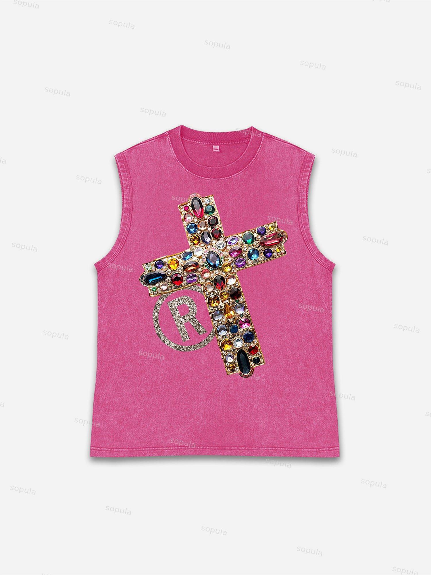 Sopula Men's Diamond Cross Graphic Acid Washed Sleeveless Tank Top Product Image