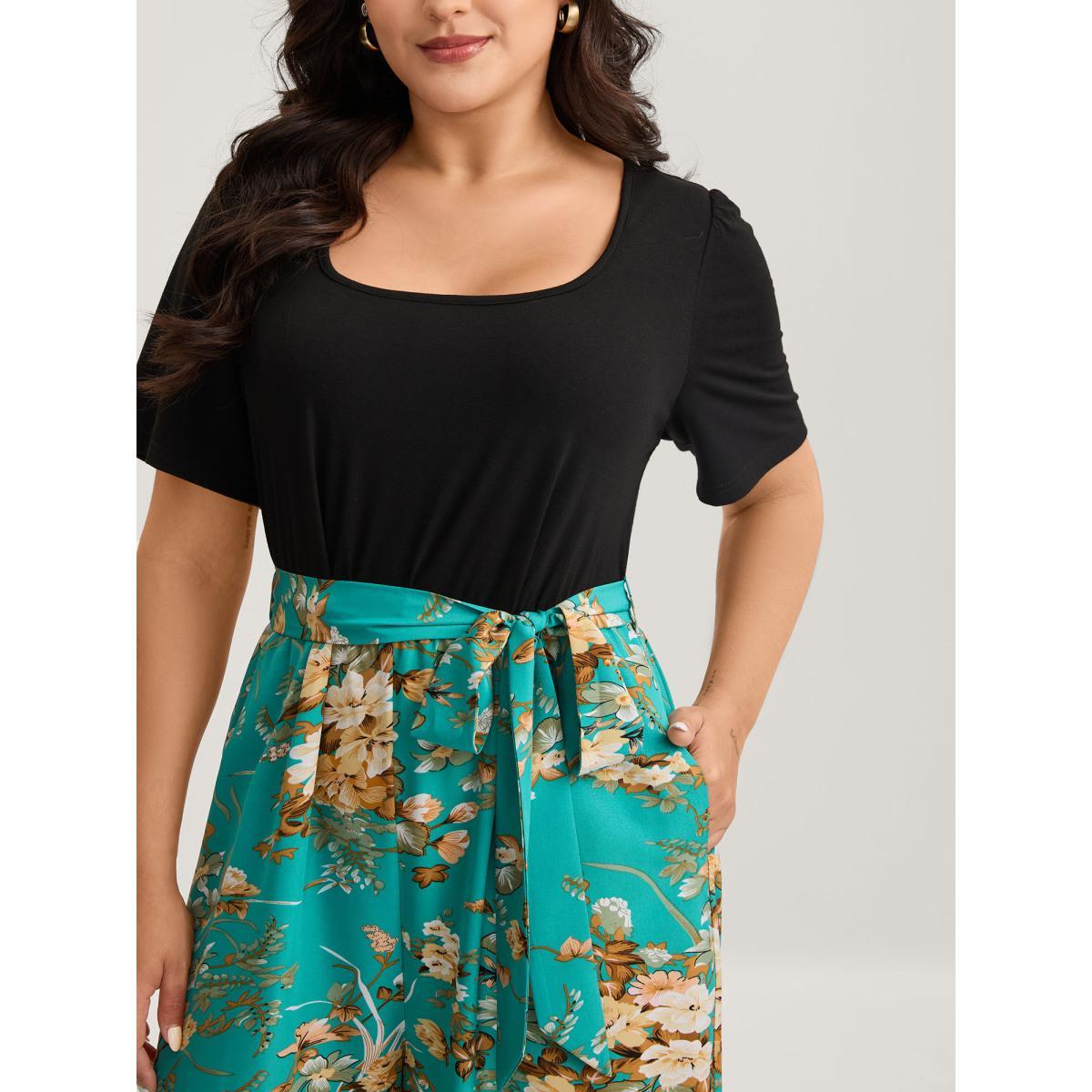 Plus Size Arctic Color Contrast Belted Panel Pockets Jumpsuit Women Elegant Short sleeve Square Neck Everyday-Elegant Loose Jumpsuits BloomChic 12/L Product Image