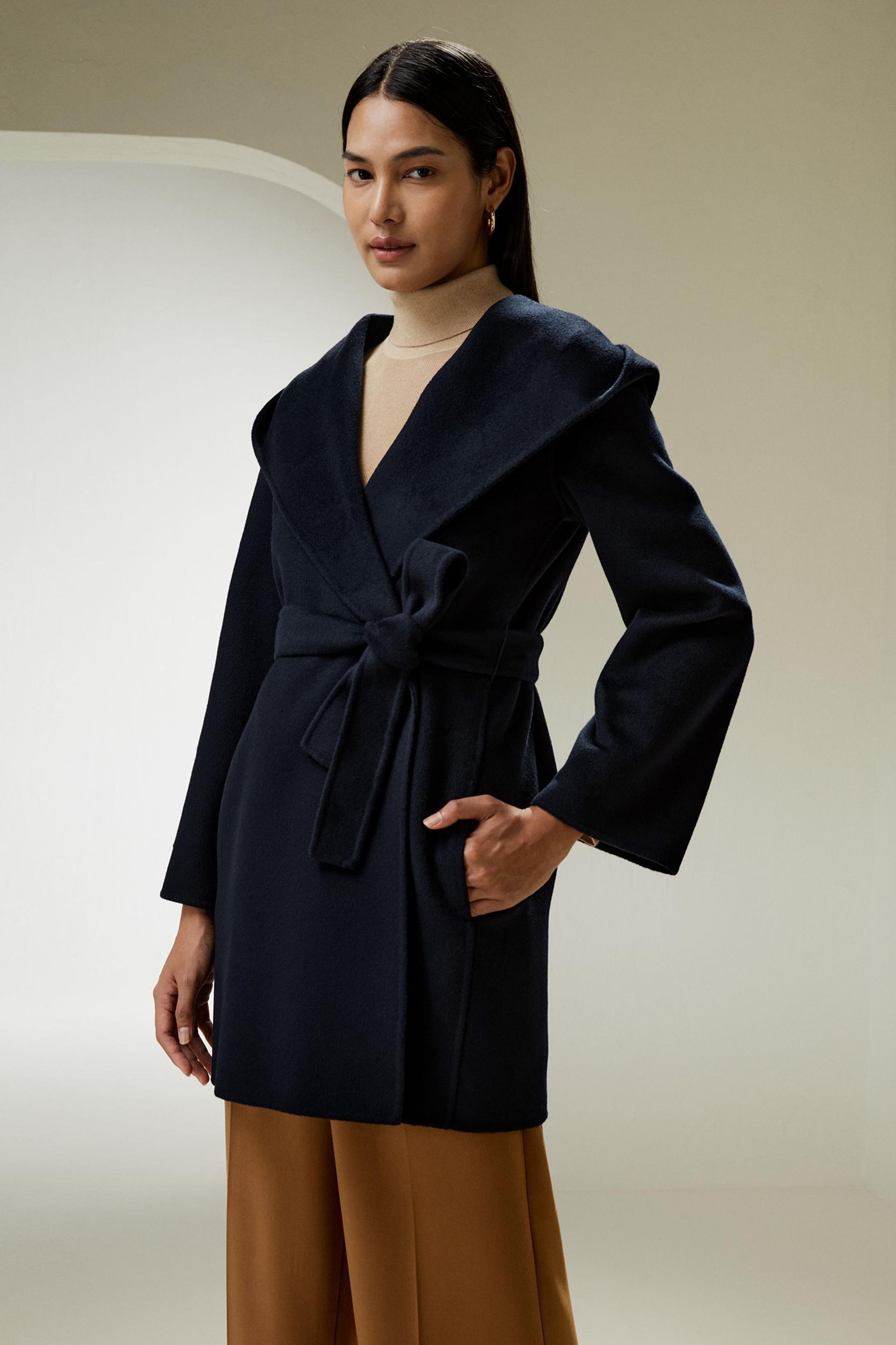 Cashmere-Wool-Blend Belted Short Hooded Coat Product Image
