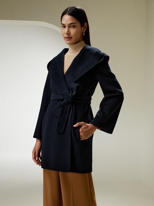 Cashmere-Wool-Blend Belted Short Hooded Coat Product Image