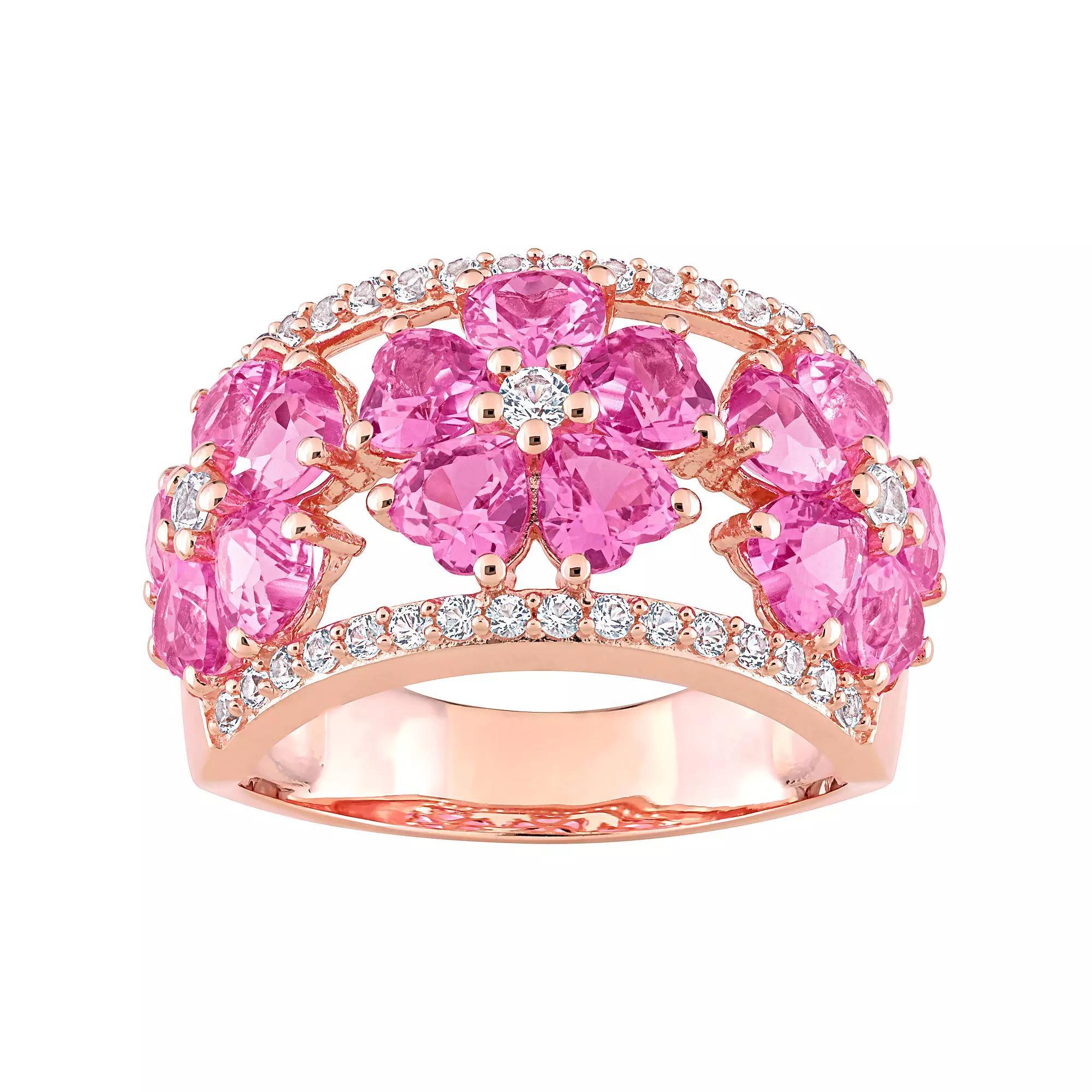 Stella Grace 18k Rose Gold Over Silver Lab-Created Pink & White Sapphire Floral Ring, Womens, 18k Rose Gold Plated Product Image