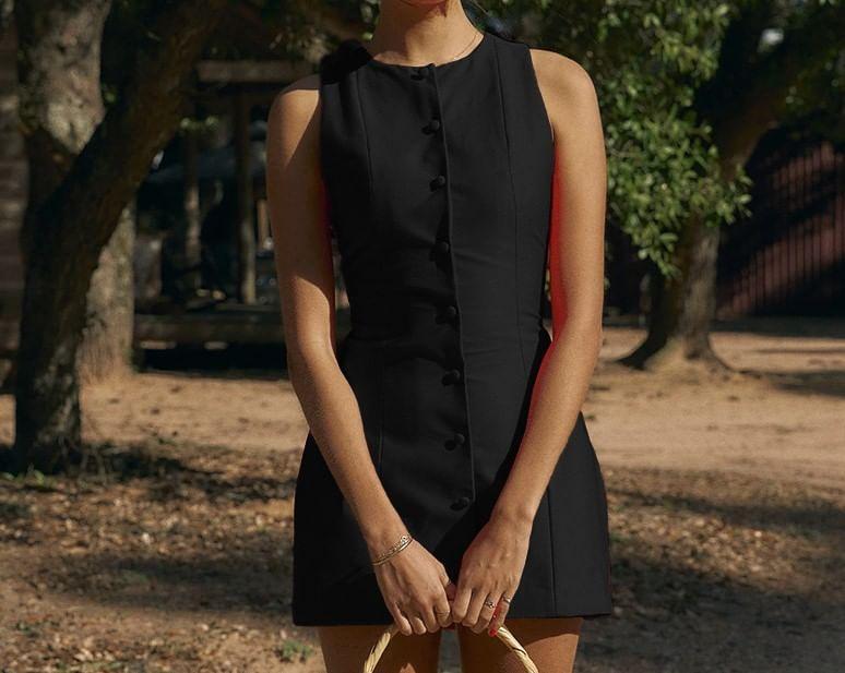 Sleeveless Round Neck Plain Button Mini A-Line Dress Product Image