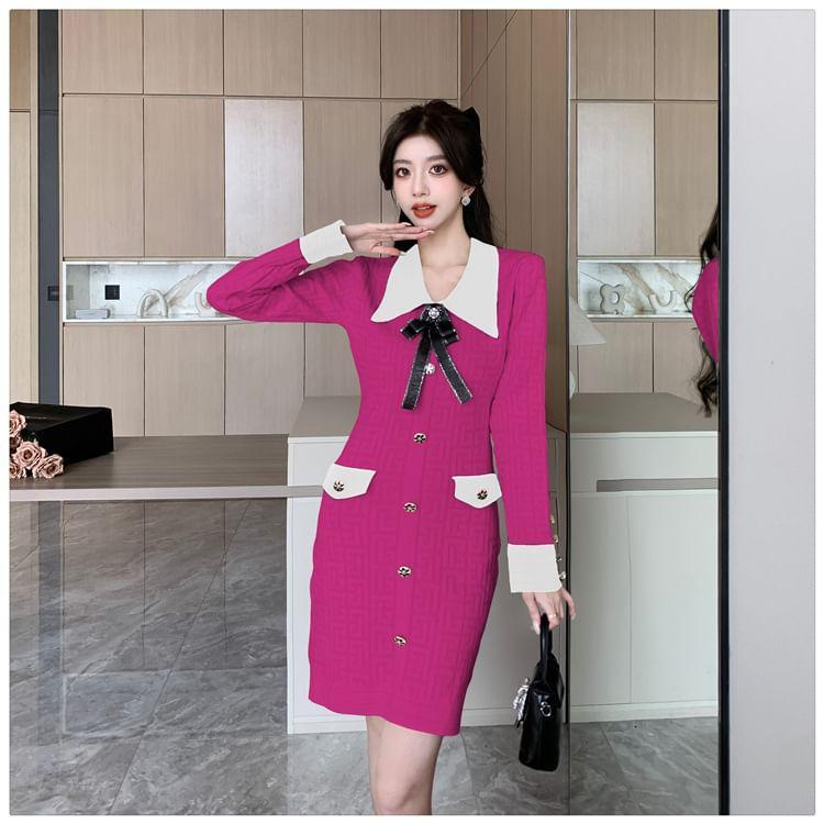 Long Sleeve Peter Pan Collar Two Tone Buttoned Mini Bodycon Knit Dress Product Image