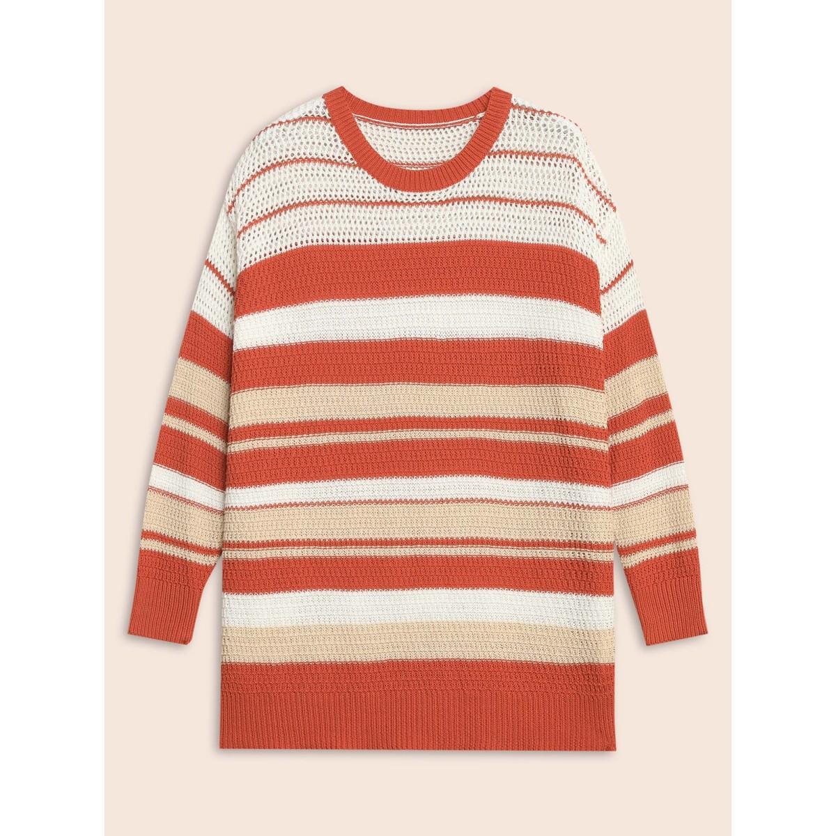 Plus Size Striped Contrast Cut Out Drop Shoulder Pullover Rust Women Casual Long Sleeve Round Neck Everyday Pullovers BloomChic 22-24/3X Product Image