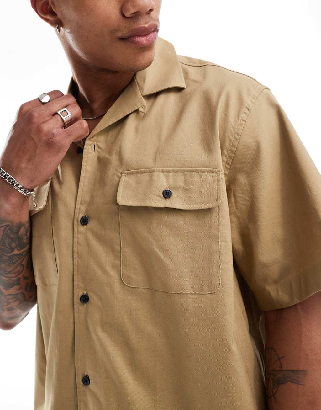 Selected Homme boxy oversized camp collar shirt with double pockets in beige Product Image