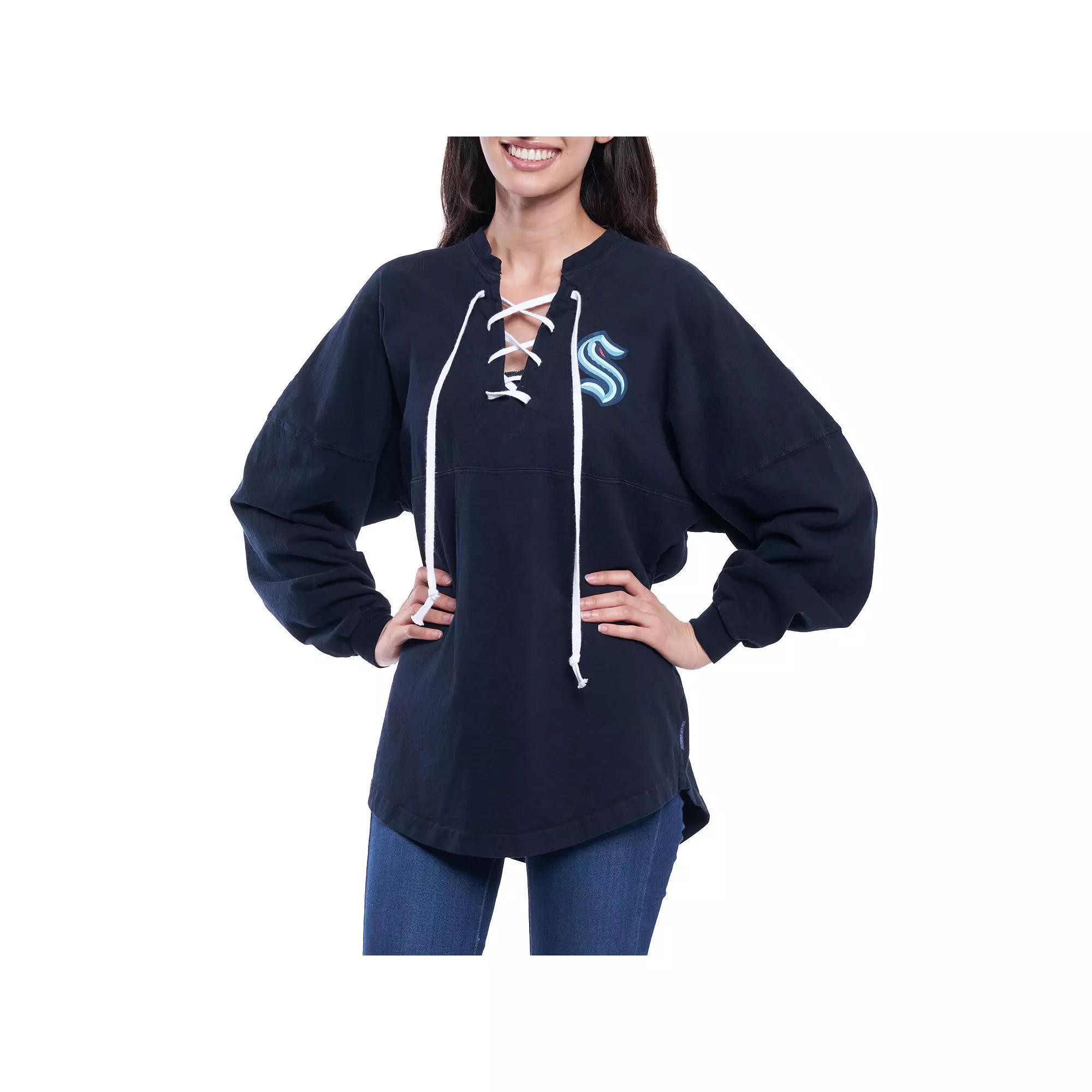Women's Fanatics Branded Navy Seattle Kraken Lace Up Long Sleeve Spirit Top, Size: Medium, Krk Blue Product Image